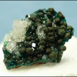 Calcite, Mottramite, Dioptase<br />Tsumeb Mine, Tsumeb, Otjikoto Region, Namibia<br />30 x 22 x 10 mm<br /> (Author: Pierre Joubert)