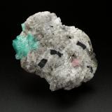 Beryl (variety emerald), Calcite, Fluorapatite<br />Chivor mining district, Municipio Chivor, Eastern Emerald Belt, Boyacá Department, Colombia<br />73x50x43mm, aggregate=25x15mm, fluorapatite xl=6mm<br /> (Author: Fiebre Verde)