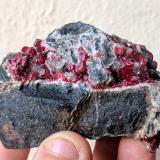 Cinabrio, Calcita, DolomitaAlmaden Mine, Almadén, Comarca Valle de Alcudia, Ciudad Real, Castilla-La Mancha, Spain7,9 x 4,8 cm. (Autor: Carles)