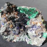 Azurite and Malachite on Cuprite<br />Tongshan Mine, Guichi District, Chizhou Prefecture, Anhui Province, China<br />8 x 5 cm<br /> (Author: Volkmar Stingl)
