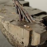 Stibnite on Pyrite<br />Niccioleta Mine, Massa Marittima, Grosseto Province, Tuscany, Italy<br />59 x 31 mm<br /> (Author: Sante Celiberti)