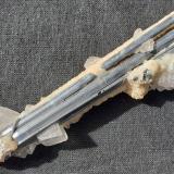 Stibnite, Calcite, Baryte<br />Dahegou Mine, Lushi, Sanmenxia Prefecture, Henan Province, China<br />8 x 2 cm<br /> (Author: Volkmar Stingl)