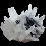 Quartz, Hübnerite<br />Mundo Nuevo mining area, Mundo Nuevo, Huamachuco, Sánchez Carrión Province, La Libertad Department, Peru<br />Specimen size 15 cm, largest quartz 8 cm, hübnerite aggregrate 8 cm<br /> (Author: Tobi)