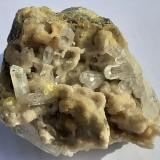 Celestine, Sulfur, Calcite<br />Machów Mine, Tarnobrzeg, Subcarpathian Voivodeship, Poland<br />5 x 4,5 cm<br /> (Author: Volkmar Stingl)