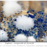 Aragonite and Azurite<br />Les Ferreres Mine, Rocabruna, Camprodon, Comarca Ripollès, Gerona / Girona, Catalonia / Catalunya, Spain<br />fov 3.7 mm<br /> (Author: ploum)