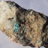Quartz, Malachite, Cinnabar<br />Weißer Schrofen, Strass im Zillertal, Schwaz District, North Tyrol, Tyrol/Tirol, Austria<br />6 x 3,5 cm<br /> (Author: Volkmar Stingl)