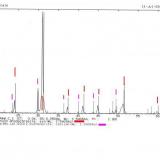 Jordi&rsquo;s XRD pattern of his South Africa rhodochrosite(?); colored as to rhodo. vs. kutno. XRD lines (Author: Pete Modreski)