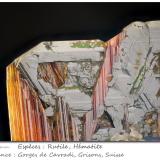 Hematite and Rutile<br />Cavradi, Curnera Valley, Tujetsch (Tavetsch), Vorderrhein Valley, Grischun (Grisons; Graubünden), Switzerland<br />fov 6.4 mm<br /> (Author: ploum)