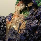 Azurite, Malachite, Tsumcorite, Schultenite, Beaverite-(Cu), Copper, Zincolivenite, Keyite, Calcite<br />Tsumeb Mine, Tsumeb, Otjikoto Region, Namibia<br />85 x 75 mm<br /> (Author: Sante Celiberti)