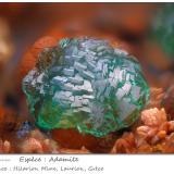 Adamite<br />Hilarion Mine, Hilarion area, Kamariza Mines, Agios Konstantinos, Lavrion Mining District, Attikí (Attica) Prefecture, Greece<br />fov 2.2 mm<br /> (Author: ploum)