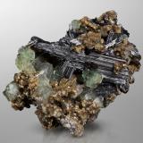 Cosalite with Muscovite and Fluorite<br />Kara-Oba, Betpak-Dala (Bet-Pak-Dala) Desert, Karaganda Region, Kazakhstan<br />5 x 4 x 3 cm / main crystal: 3.3 cm<br /> (Author: MIM Museum)