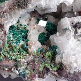 Calcite, Malachite, Duftite<br />Tsumeb Mine, Tsumeb, Otjikoto Region, Namibia<br />8 x 7 cm<br /> (Author: Volkmar Stingl)