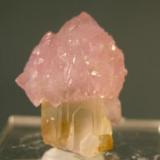 Deeply-colored rose quartz crystals form a scepter over a gemmy to milky quartz crystal, Minas Gerais, Brazil, 2.6 x 2 x 1.8 cm, ex-Jim Couch (Author: Jim)