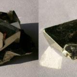 Octahedral Pyrite; Huanzala Mine, Huallanca dist., Huanaco, Peru.
Specimen dimensions 60 x 38 x 24mm, xx to 31mm (edge), weight 98g. GN’s collection id 09PEP-001.
Stereo pair, taken in direct sunlight. (Author: Gerhard Niklasch)