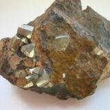 Pyrite combinations (up to 1 cm) in chamosite ("thuringite") from Schwarze Crux mine, Schmiedefeld, Thuringia. With old label from F. Krantz Mineralienkontor (about 1930). (Author: Andreas Gerstenberg)