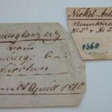 Two old Senckenberg museum labels. The translation of the text as follws: Nickelspießglanzerz (an old German name for ullmannite) from the Baudenberg hill near Neunkirchen/collected in April 1810. (Author: Andreas Gerstenberg)