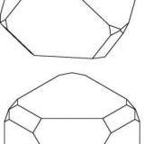 Drawings of an interpretation of the Alme calcite habit.  Top, standard crystallographic orientation.  Bottom, view corresponding to Tobias’ photos. (Author: Pete Richards)