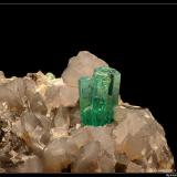 Beryl (variety Emerald)
La Pita Mine, Maripí, Boyacá, Colombia
Size of emerald is 5 mm of lenght.

On calcite.... Found in Munich show 2009.  Small but beautiful, probable i take better next year (the last acquisition) (Author: ploum)