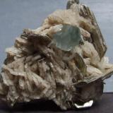 Aquamarine and Mica on Albite, Gilgit, Pakistan, 5 x 4.5 x 2.5 cm, the Aquamarine has 12 faces on the termination. (Author: nurbo)