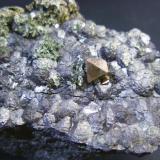 Pirita sobre magnetita. Mina La Herrería. Burguillos del Cerro. Pieza: 6 x 5 cm. Cristal mayor de pirita: 5 mm. (Autor: Juan Cabezas)