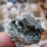 Clinocloro (miembro del grupo de las Cloritas). Mina La Herrería. Burguillos del Cerro. Pieza: 4 x 3 cm. Cristal mayor: 15 mm. (Autor: Juan Cabezas)
