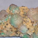 Same specimen, close up.  The fluorite is actually a pale lilac colour.  The greenish tinge to the modified crystals is due to underlying copper oxides.  Tony collected this specimen in 1969 or 1970. (Author: Ed Huskinson)