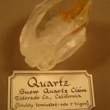 7cm X 4 cm, collected in the fall of 1978. .  The label is self-explanatory.  What makes this crystal so unique is the trigon on the main face of the crystal.  the trigon is 20mm X 15 mm, as demonstrated in the following photograph. (Author: Ed Huskinson)