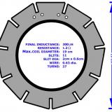 But wait a minute I have forgotten something, yes the coil. We need this if our metal detector is going to work. The first picture shows the template and the specifications are based on a bit of trial and error. Generally most coils will work, but to tweak it for best performance I settled with the one shown in the photo. This design was printed on paper and stuck on cardboard and the design cut with a craft knife. (Author: Lumaes)