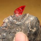Rodocrosita 
Mina Uchucchacua, Perú 
Dimensiones: 8.00 X 7.50 X 4.00  cm.
Dimensiones del cristal: 1 X 1 X 1.8 cm. (Autor: Leon)