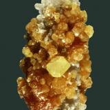 Azufre
Racalmuto, Agrigento (Girgenti), Sicilia, Italia. Racalmuto (m).
Cristal tabular muy estriado, amarillo limón, implantado en una superficie de una primera generación de cristales anaranjados que recubren un grupo de cristales de celestita.
4,5 x 2,5 x 2,5 cm. (Autor: Carles Curto)