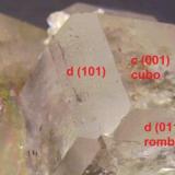 Fluorita
Naica, Saucillo, Chihuahua, Méjico
5,5 x 4 x 3,5 cm.
Detalle de la pieza anterior con los índices de Miller y principales caras sobre el cubo dominante (Autor: Antonio Alcaide)