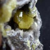 Azufre, CalcitaHellín, Comarca Campos de Hellín, Albacete, Castilla-La Mancha, Spain0,5 cm. el cristal mayor de Azufre (Autor: javier ruiz martin)