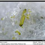 Epidote
Cadarese quarries, Premia, Antigorio Valley, Ossola Valley, Verbano-Cusio-Ossola Province, Piedmont, Italy
fov 2.5 mm (Author: ploum)