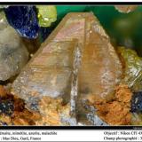 Cerussite, mimetite, azurite, malachite
Mas Dieu, Mercoirol, Gard, France
fov 3.5 mm (Author: ploum)