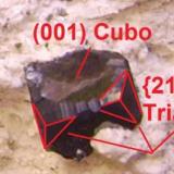 Bixbyíta, pseudobrookita y topacio
Thomas Range, Juab Co., Utah, EEUU
8,5 x 4 x 4,5 cm.
Indicación de las caras sobre un cubo modificado de bixbyíta. Presenta el cubo (001) y en los vértices, está truncado por tetraquistetraedros {211}. Las aristas del cubo presentan también pequeños truncamientos con estrías no identificados. (Autor: Antonio Alcaide)