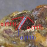 Espinela
Sierra de Mijas, Málaga, España
7 x 5 x 3 cm.
Detalle del cristal de espinela con indicación de las caras. Dos octaedros (o) y el bisel, la cara del rombododecaedro (d). Presenta un único rombododecaedro. He estado repasando la galería FMF y no he encontrado apenas espinelas con esa modificación. (Autor: Antonio Alcaide)