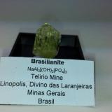 Brasilianita.
Mina Telirio, Linopolis, Divino Das Laranjeiras, Minas Gerais, Brasil.
Cristal 1"4 cm de alto y 1 cm de ancho. (Autor: Carlos Viñolo)
