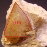 Powellita sobre mordenita
Chalisgaon, Jalgaon District, Maharashtra, India
5 x 4,5 x 4,5 cm.
Líneas trazadas marcando la bipirámide tetragonal formada por ocho triángulos isósceles. En este caso más desarrollada la pirámide superior. Cierta transparencia que mejorará cuando la limpie. Se aprecia la curvatura de las aristas. (Autor: Antonio Alcaide)