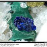 Azurite on malachite with quartz and mimetite
Mas Dieu, Gard, France
fov 8 mm (Author: ploum)
