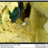 Mimetite, malachite and quartz
Mas Dieu, Gard, France
fov 6 mm (Author: ploum)