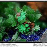 Olivenite with conichalcite and azurite
Christiana mine, Laurion, Greece
fov 4 mm (Author: ploum)