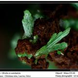 Olivenite with conichalcite
Christiana mine, Laurion, Greece
fov 4 mm (Author: ploum)