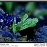 Olivenite with azurite
Christiana mine, Laurion, Greece
fov 4 mm (Author: ploum)