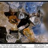 Haüyne, titanite, apatite, magnetite, augite
Laach Lake complex, Eifel, Germany
fov 3.5 mm (Author: ploum)