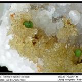 Mimetite, malachite and quartz
Mas Dieu, Gard, France
fov 5 mm (Author: ploum)
