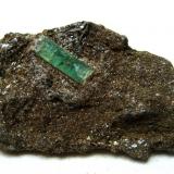 Beryl var. Emerald in mica schist
Leckbachrinne, Habach Valley, Salzburg, Austria
13 mm crystal on a 50 mm specimen (Author: Tobi)