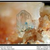 Cerussite and rosasite
Mas Dieu, Gard, France
fov 3 mm
rosasite ? inside the crystal (Author: ploum)