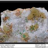 Mimetite, malachite, quartz
Mas Dieu, Gard, France
fov 30 mm (Author: ploum)