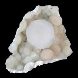 Apophyllite and pectolite
Millington Quarry, Bernards Township, New Jersey, USA
8.2 x 6.9 cm
A 3.3 cm apophyllite crystal on peach colored pectolite (Author: Frank Imbriacco)
