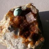 Fluorite and a nautilus of Aurichalcite on hematite-coated Quartz on matrix
Is Murvonis mine, Carbonia-Iglesias, Sardegna IT (Author: Gerhard Niklasch)